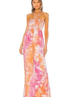Tularosa Pink & Orange Tie-Dye Strapless Wide-Leg Jumpsuit